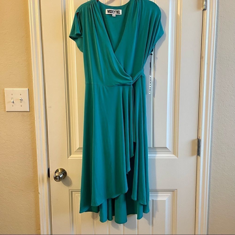 Vicky Tiel Teal Green Wrap Midi Dress Flutter Sleeve Size S NWT - Picture 6 of 10